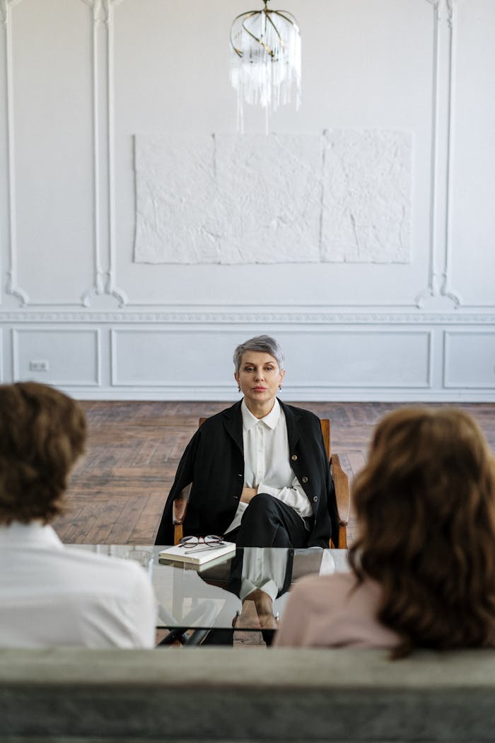 Couple receiving guidance from therapist in a stylish and serene office setting.